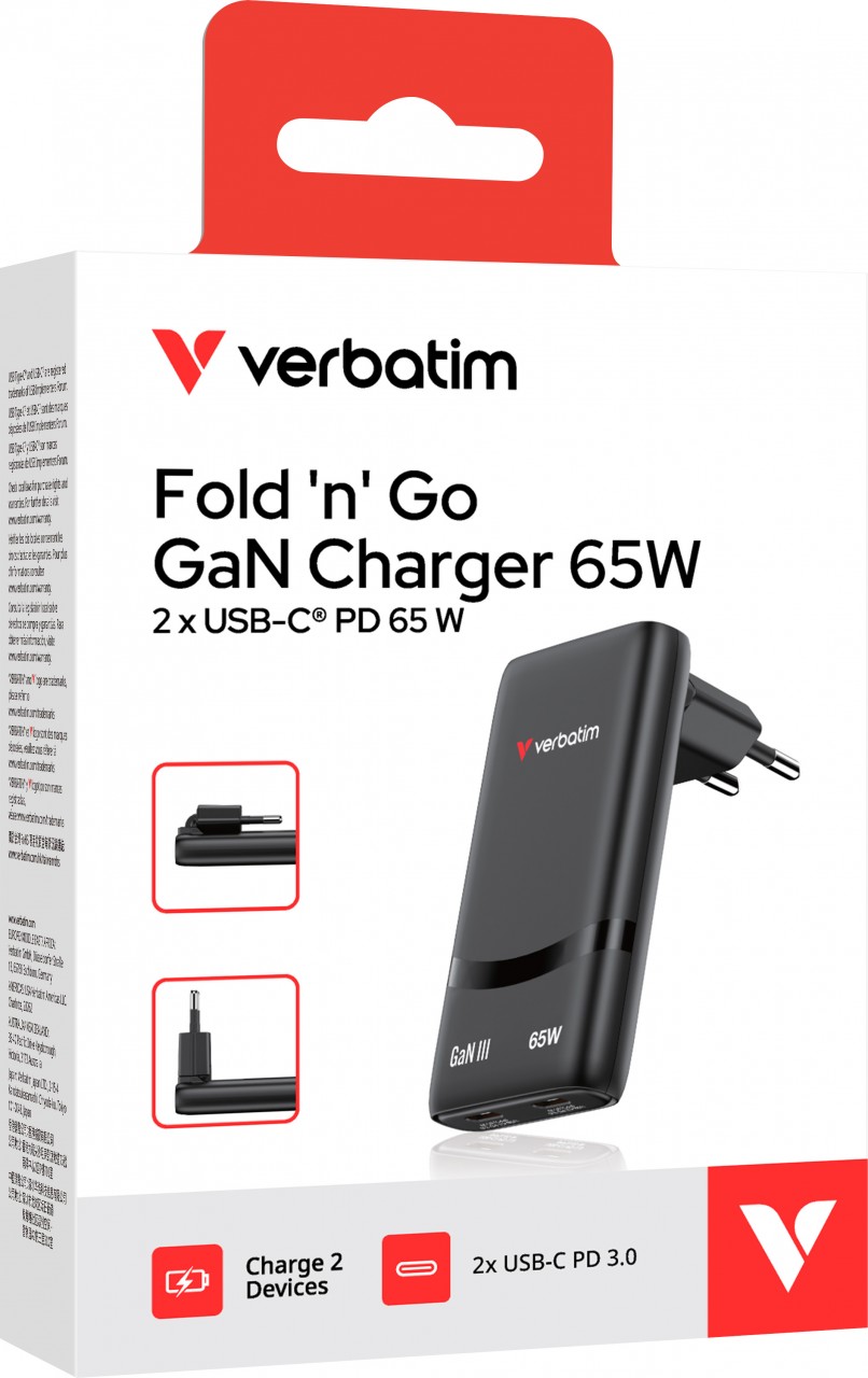 Verbatim Fold 'n’ Go GaN Charger 65W, schwarz 2x USB-C PD mit max. 65W, Retail