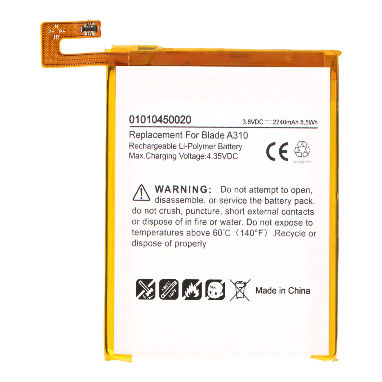 Akku passend für ZTE Blade A310, Li-Polymer, 3,8V, 2240mAh, 8,5Wh, built-in, ohne Werkzeug