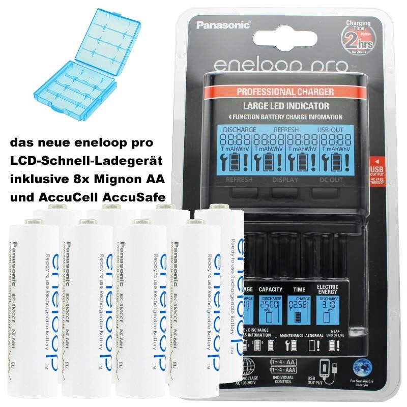 Panasonic eneloop Ladegerät BQ-CC65 inkl. LCD-Display, 8 eneloop Standard AA Mignon und AccuCell Akkubox Blue