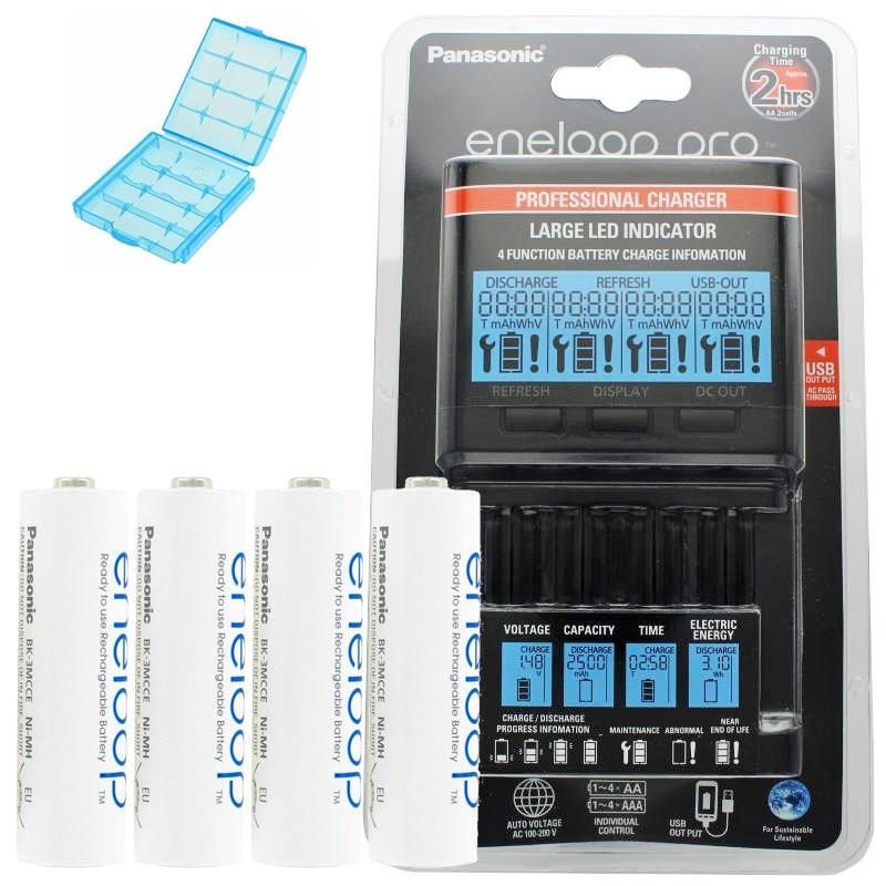 Panasonic eneloop Ladegerät BQ-CC65 inkl. LCD-Display, 4 eneloop Standard AA Mignon und AccuCell Akkubox Blue