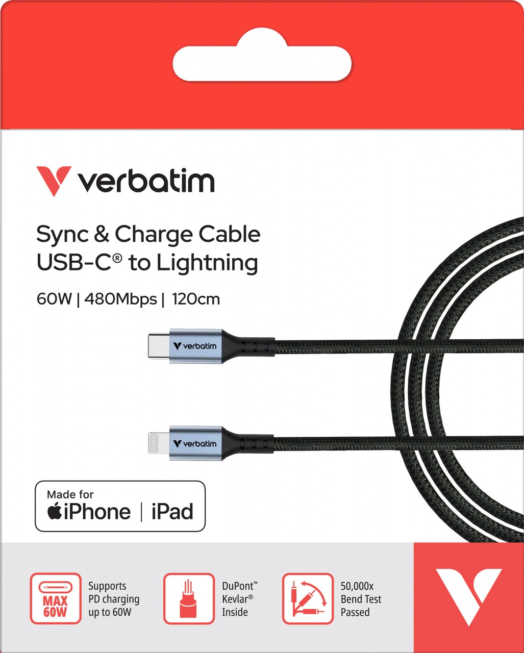 Verbatim Ladekabel, USB-C zu Lightning, 1.2m, schwarz Sync&Charge, 60W, 480MBit/s, Retail