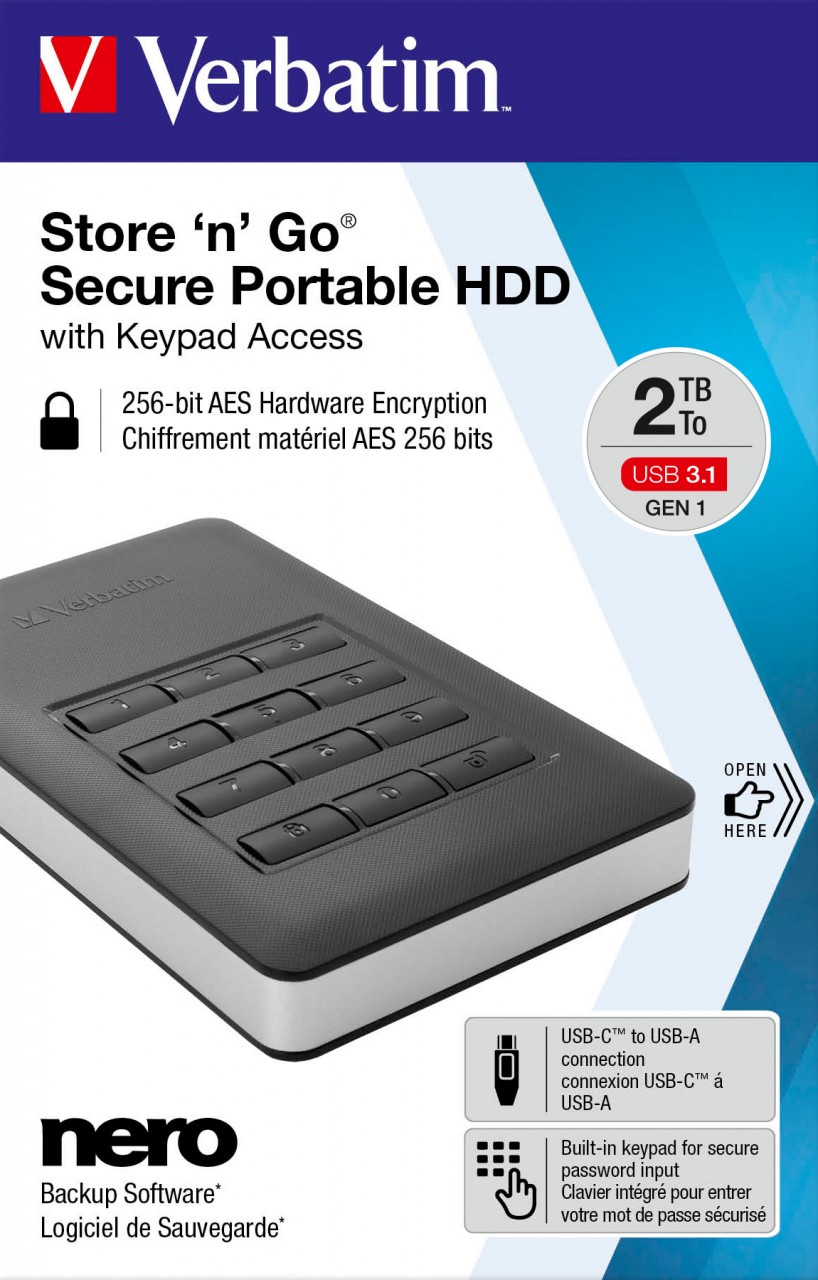 Verbatim Festplatte 2TB USB 3.1, A-C, 6.35cm (2.5''), schwarz Secure Portable, Keypad, AES-256-Bit, Retail
