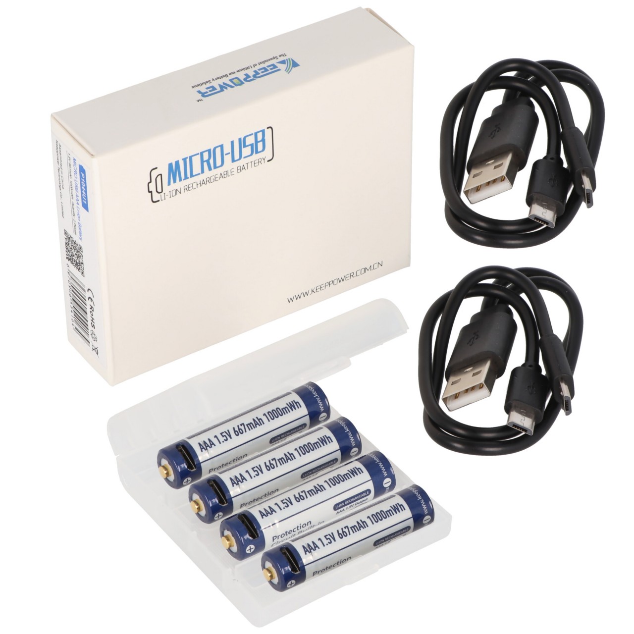 4 Stück Keeppower AAA 1,5V 1000mWh Lithium Ionen Akku, Micro, AAA, LR03, mit USB-Ladebuchse, wiederaufladbar über micro USB
