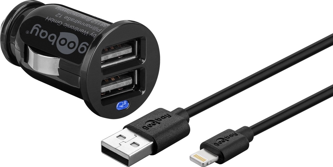 Goobay Apple Lightning Auto-Ladeset (12W/2.4A) - Kfz-Ladeadapter und Apple Lightning Kabel 1.0m (schwarz)