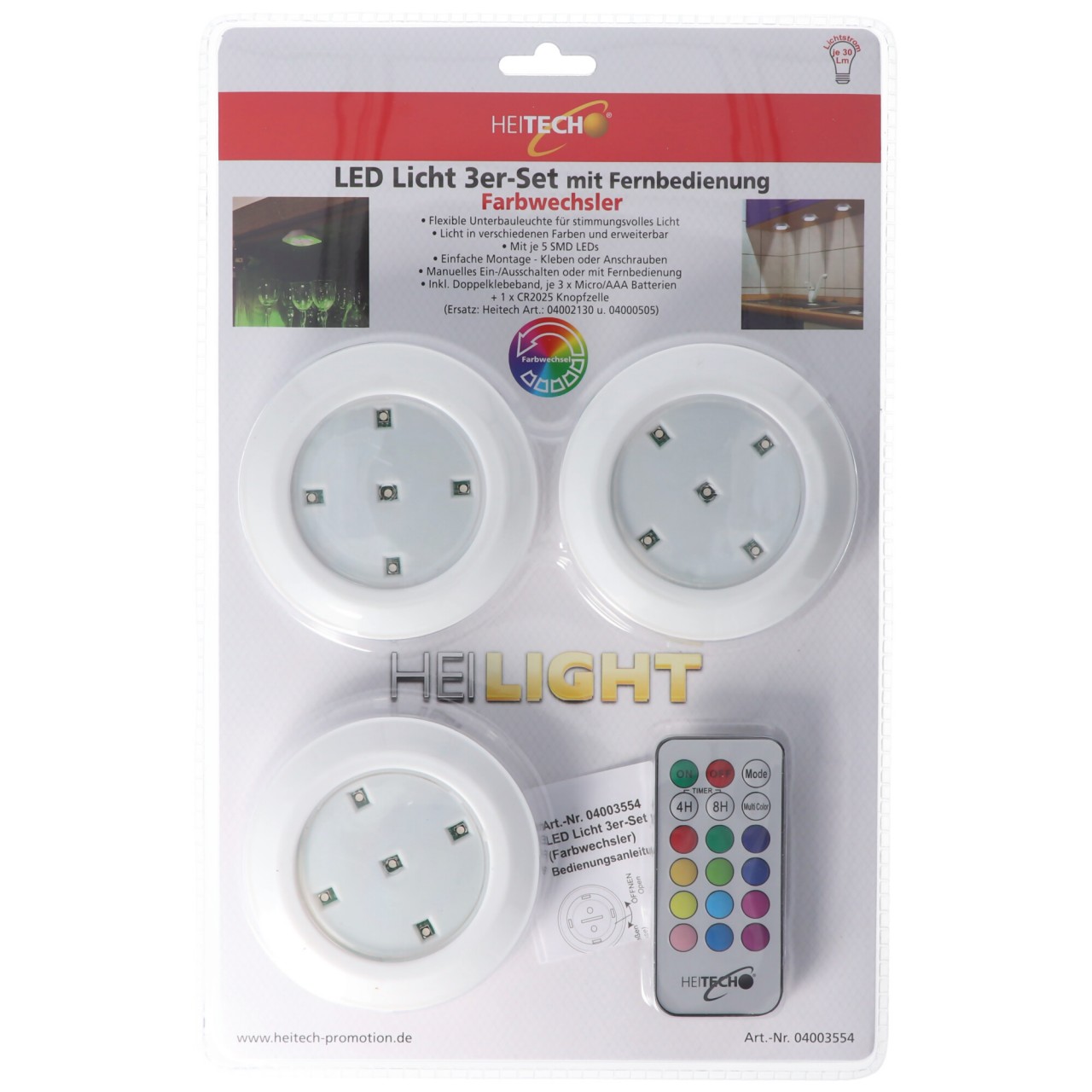 LED Licht 3er-Set mit Fernbedienung, flexible Unterbauleuchte mit Licht in verschiedenen Farben, inklusive 3x AAA Batterien und 1x CR2025 Batterie