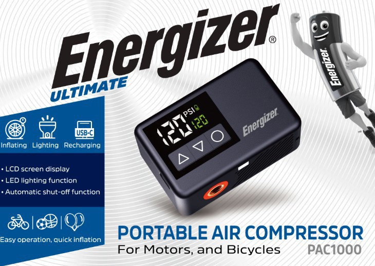Energizer Akku Luftkompressor, PAC1000, 120 PSI, 500mAh Mini-Kompressor, Powerbank, LED-Leuchte, Retail