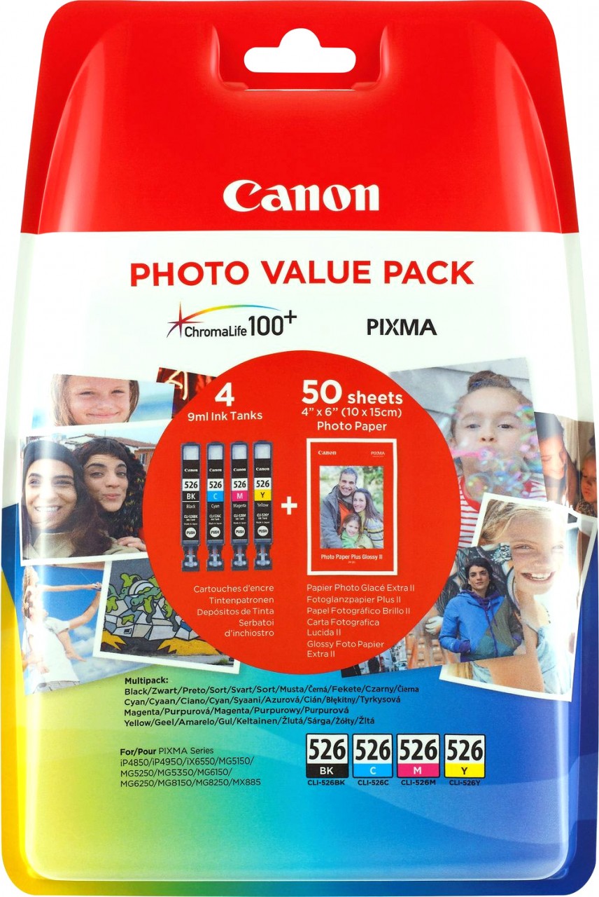Canon Tinten Multipack CLI-526BK/526C/526M/526Y inkl. 50 Blatt Fotopapier 10x15cm