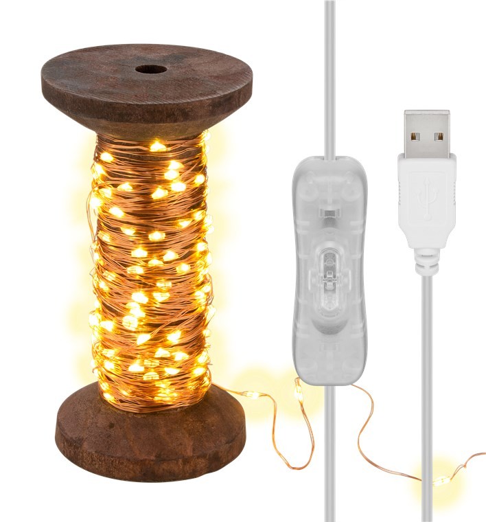 Goobay LED-Lichterkette 'Garnspule', groß - mit USB-Kabel 3 m, Lichterkette 15 m mit 150 Micro-LEDs in Warmweiß (2700 K) und Schalter (Ein/Aus)