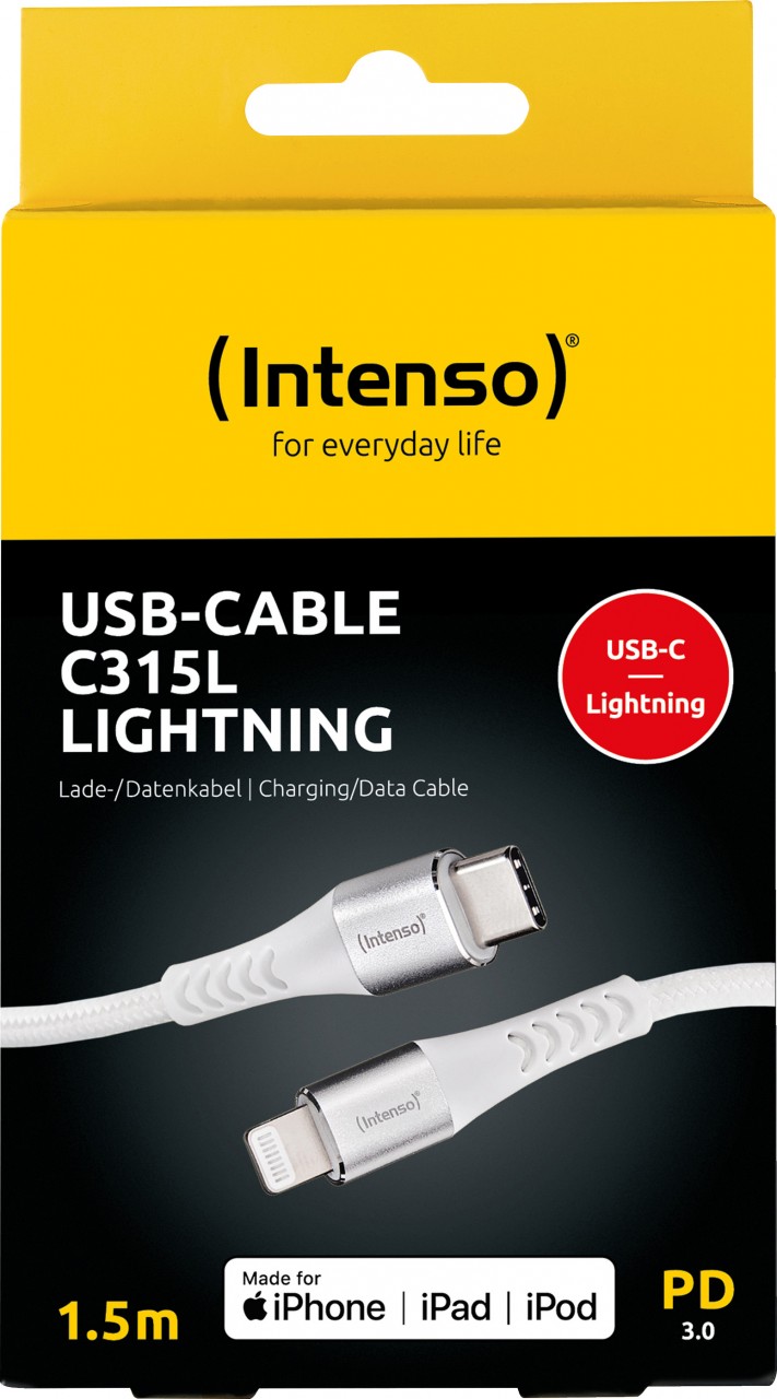 Intenso USB-Kabel „C315L“ – USB-C zu Lightning, 1,5 m, 27 W, Weiß (Retail Blister)