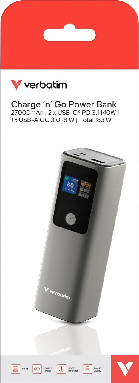Verbatim Akku Powerbank, 27.000mAh, Charge'n'Go, metall-grau 183W, 1 x USB-A QC, 2 x USB-C PD3.0, Retail-Blister