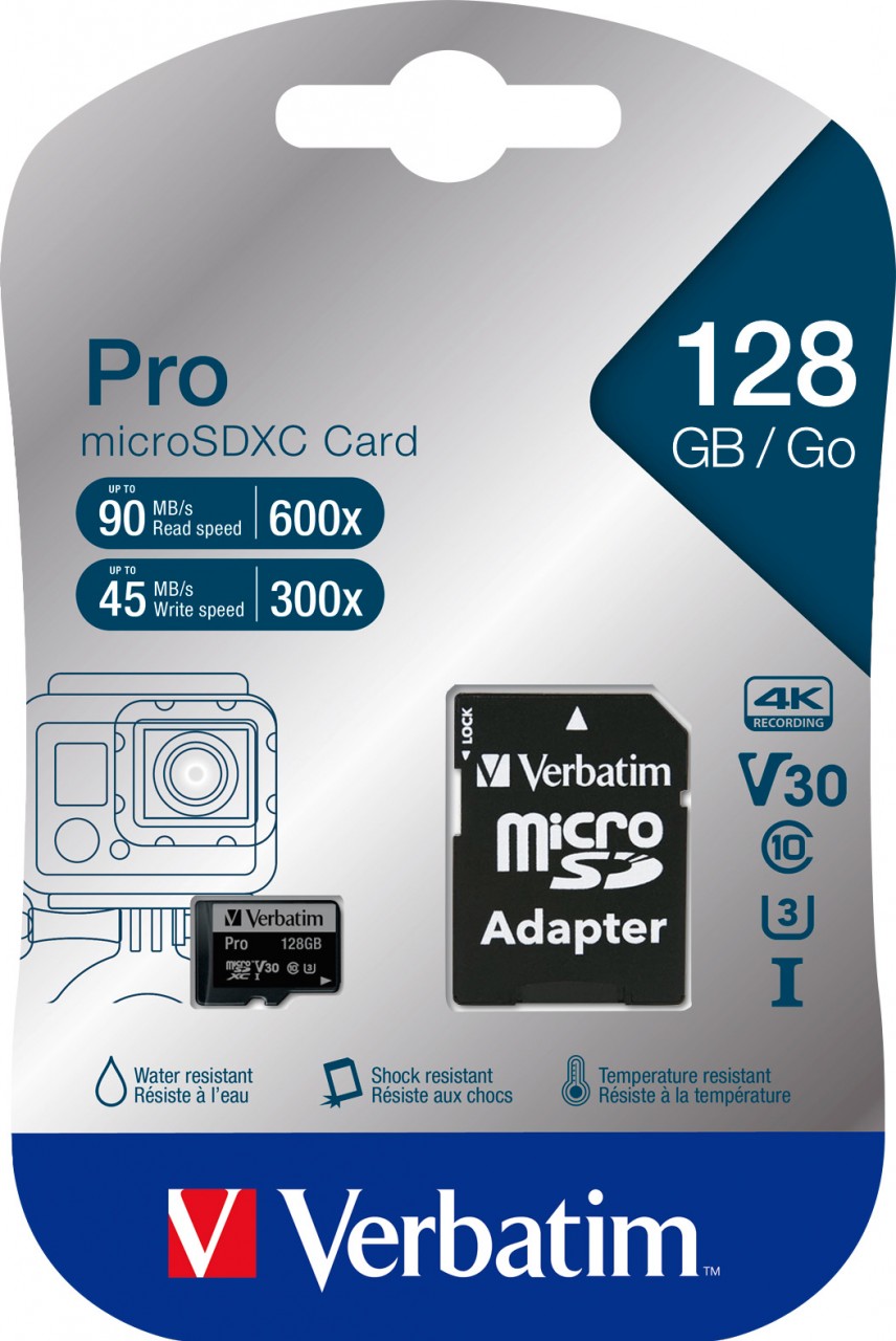 Verbatim microSDXC-Card 128GB, PRO, U3, UHS-3, 4K UHD (R) 90MB/s, (W) 45MB/s, SD Adapter, Retail-Blister