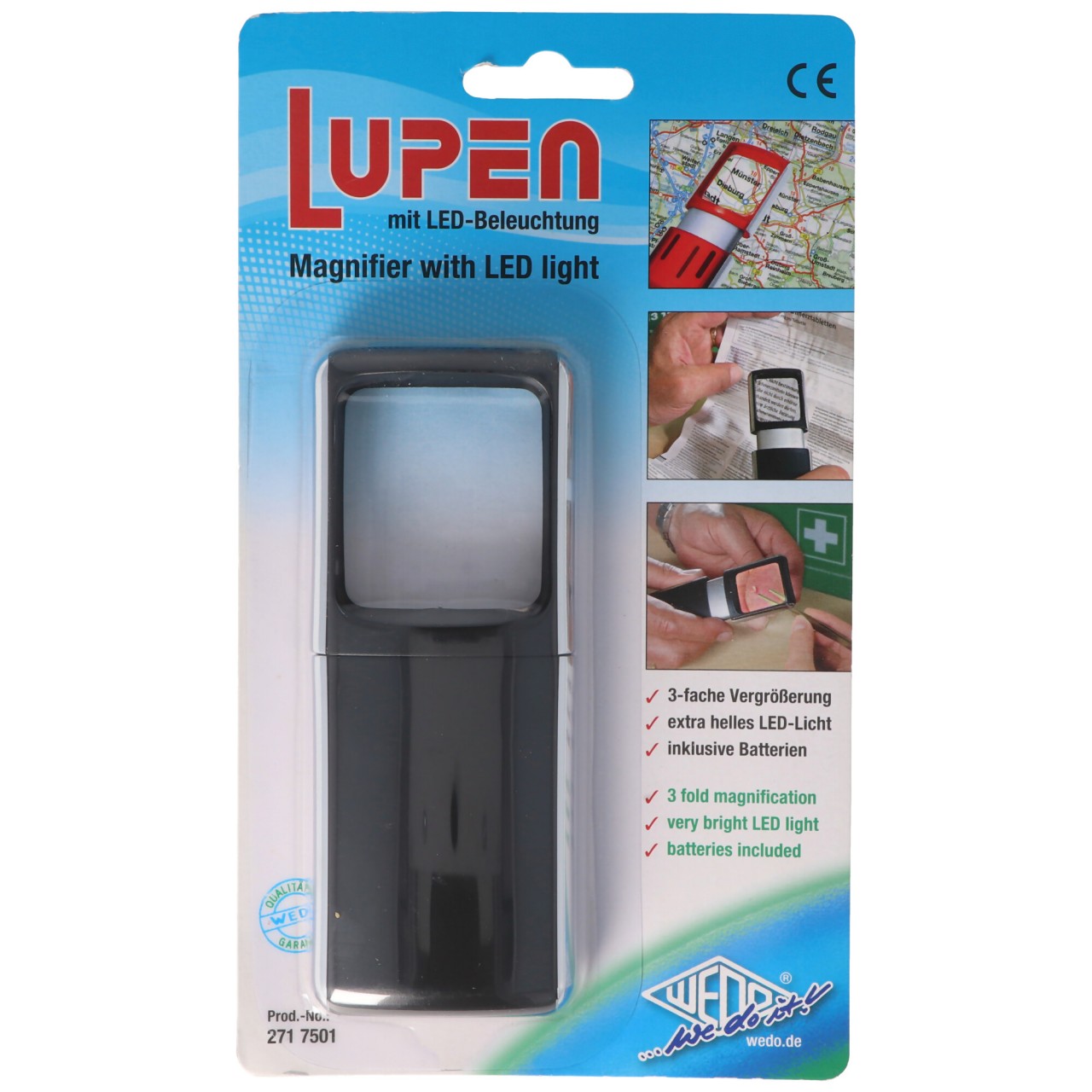 Lupe mit LED-Beleuchtung und 3fach Vergrösserung Farbe Schwarz Blisterverpackung