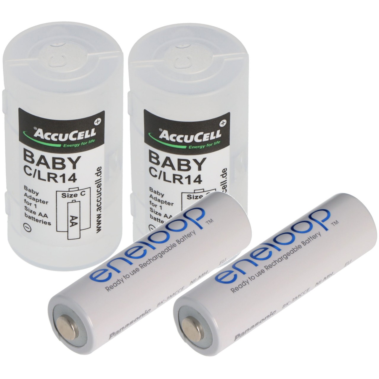 2x AccuCell Adapter C, Baby, LR14 und Panasonic eneloop 2-Pack BK-3MCDE/2BE Akku NiMH, Mignon, AA, HR06, 1.2V und 2000mAh