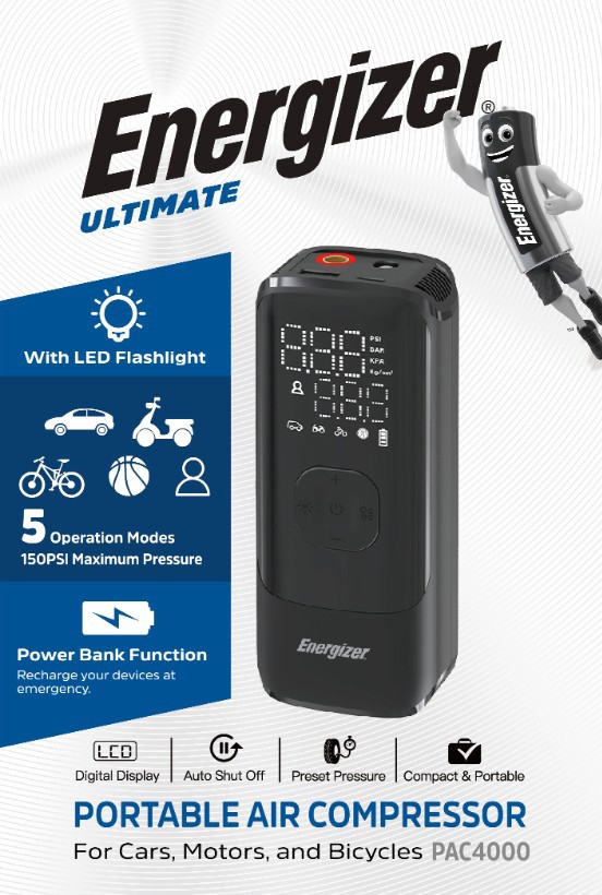 Energizer Akku Luftkompressor, PAC4000, 150 PSI, 2.000mAh Kompressor, Powerbank, LED-Leuchte, Retail