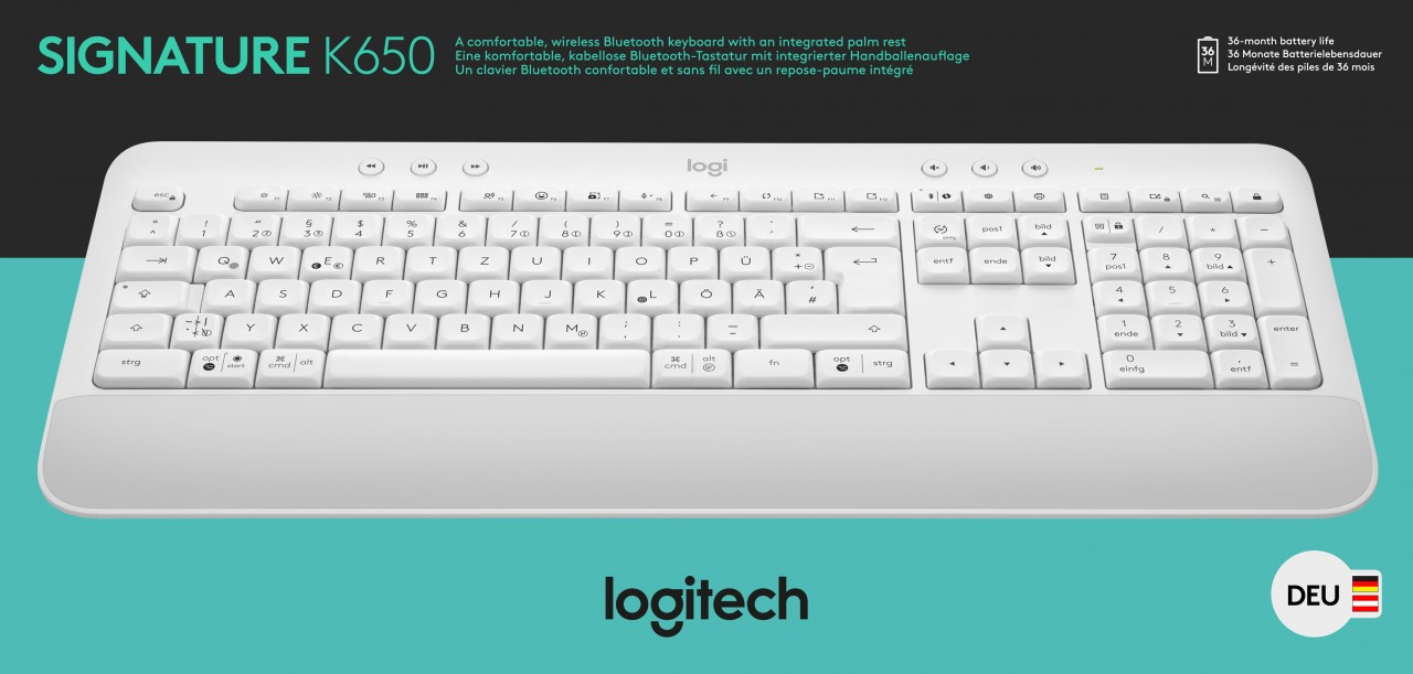 Logitech Tastatur K650, Wireless, Bolt, Bluetooth, weiss Signature, DE, Retail
