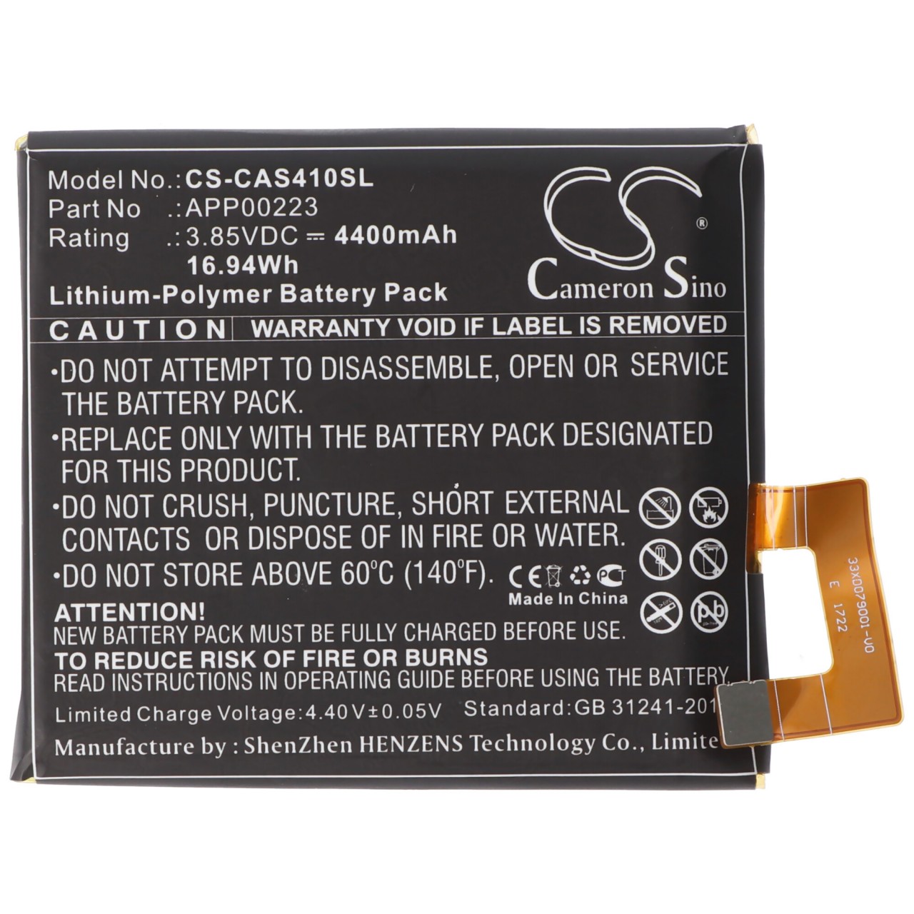 Li-Polymer-Akku 4400mAh, 3.85V für Handy CAT S41 Akkutyp Cat APP00223, Abmessungen ca. 67x57x7,9mm