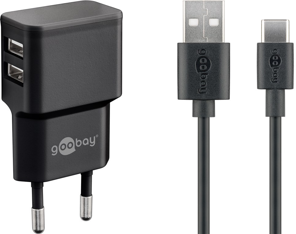 Goobay USB-C™ Dual Ladeset 2,4 A - Netzteil mit 2x USB-Buchse und USB Type-C™ 1m Kabel (Schwarz)