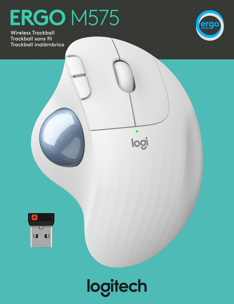 Logitech Maus M575, Ergo, Wireless, Unifying, Bluetooth, weiss Optisch, 400-2000dpi, 5 Tasten, Trackball, Retail