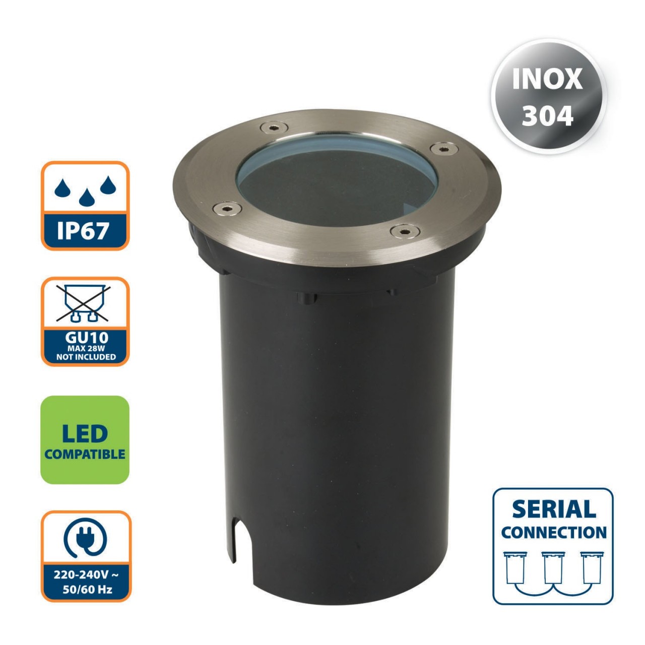 Einbaustrahler für den Außenbereich. GU10-Verbindun, IP67-geschützt, ideal für Außenmontage