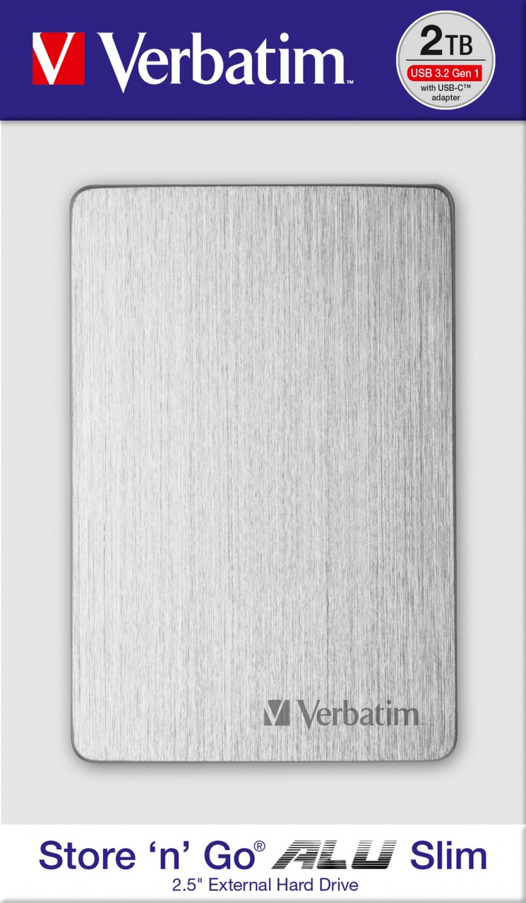 Verbatim Festplatte 2TB USB 3.2, A-C, 6.35cm (2.5''), silber Store´n´Go, Alu Slim, Software Nero Backup, Retail