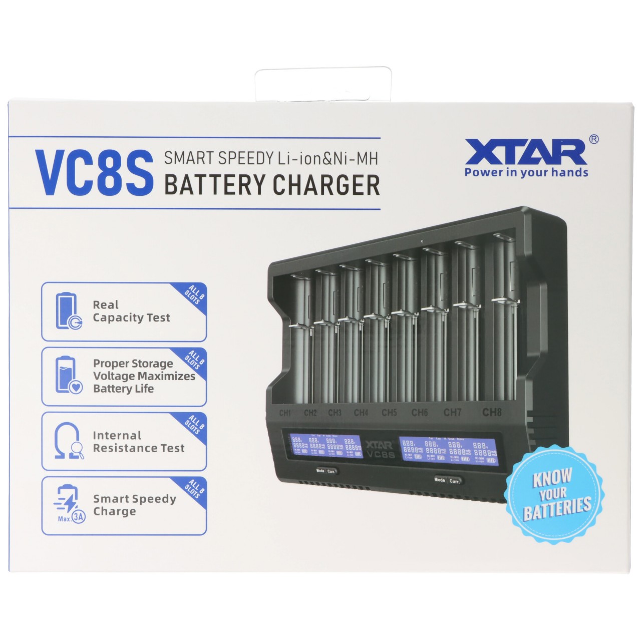 XTAR VC8S 8fach Schnell-Ladegerät für 1-8 Li-Ion 3,6V und 3,7V Akku und NiMH 1,2V Akku, USB-C-Ladeanschluss, max. 8A Gesamtleistung