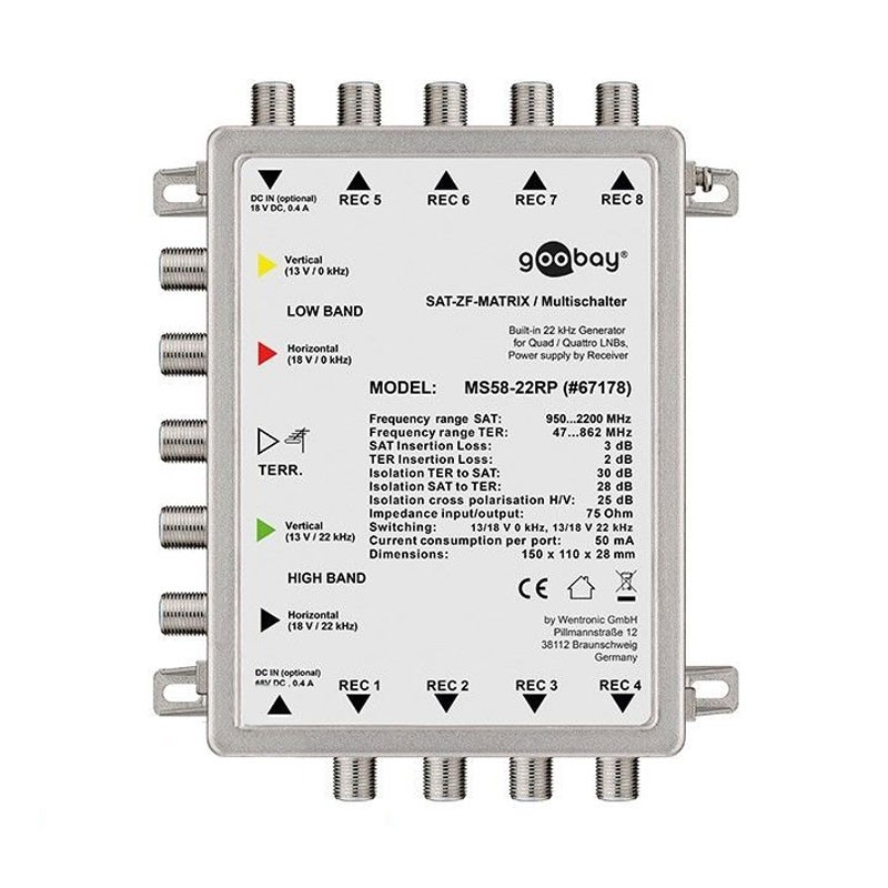 Passiver SAT Multischalter mit fünf Eingängen und acht Ausgängen, ohne zusätzliche 230 Volt Stromversorgung, 4K Ultra HD