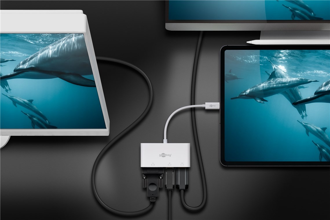 Goobay USB-C™ Multiport-Adapter VGA+DP+HDMI™ - erweitert ein USB-C™-Gerät um einen HDMI™-, einen DisplayPort und einen VGA-Anschluss