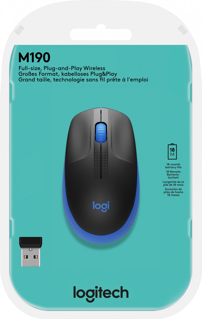 Logitech Maus M190, Wireless, blau Optisch, 1000 dpi, 3 Tasten, Retail