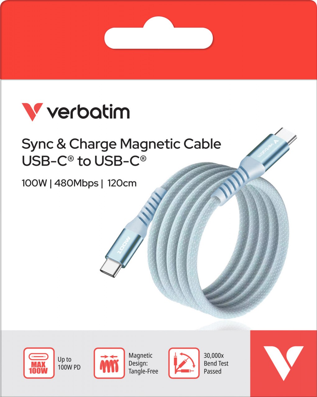 Verbatim Ladekabel, USB-C/USB-C, 1.2m, blau Sync&Charge, 100W, 480MBit/s, Magnetic, Retail