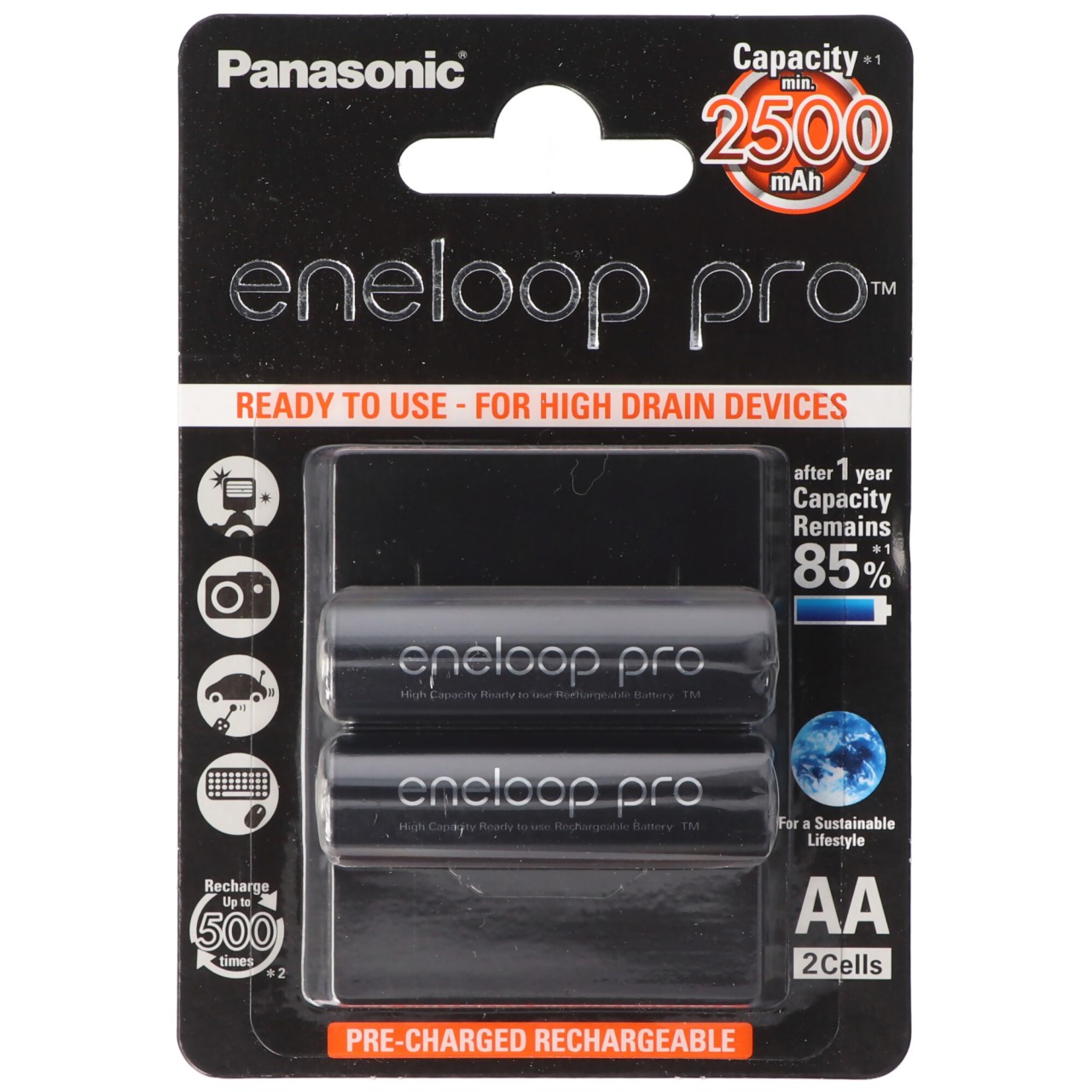 Panasonic eneloop Pro Mignon Akku BK-3HCDE/2BE NiMH 1,2Volt max. 2550mAh, 2er Blisterkarte
