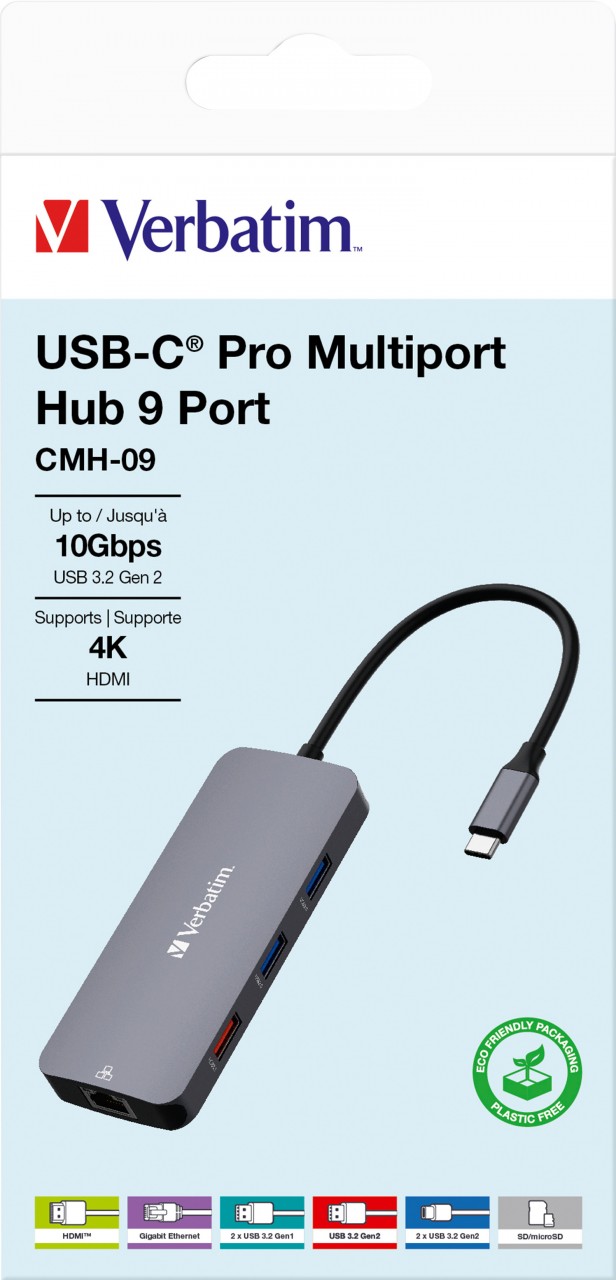 Verbatim Hub, Multiport, CMH-09, 3x USB 3.2-A, 2x USB 3.2-C HDMI 4K, RJ45, SD, microSD, USB 3.1-C Kabel, Retail