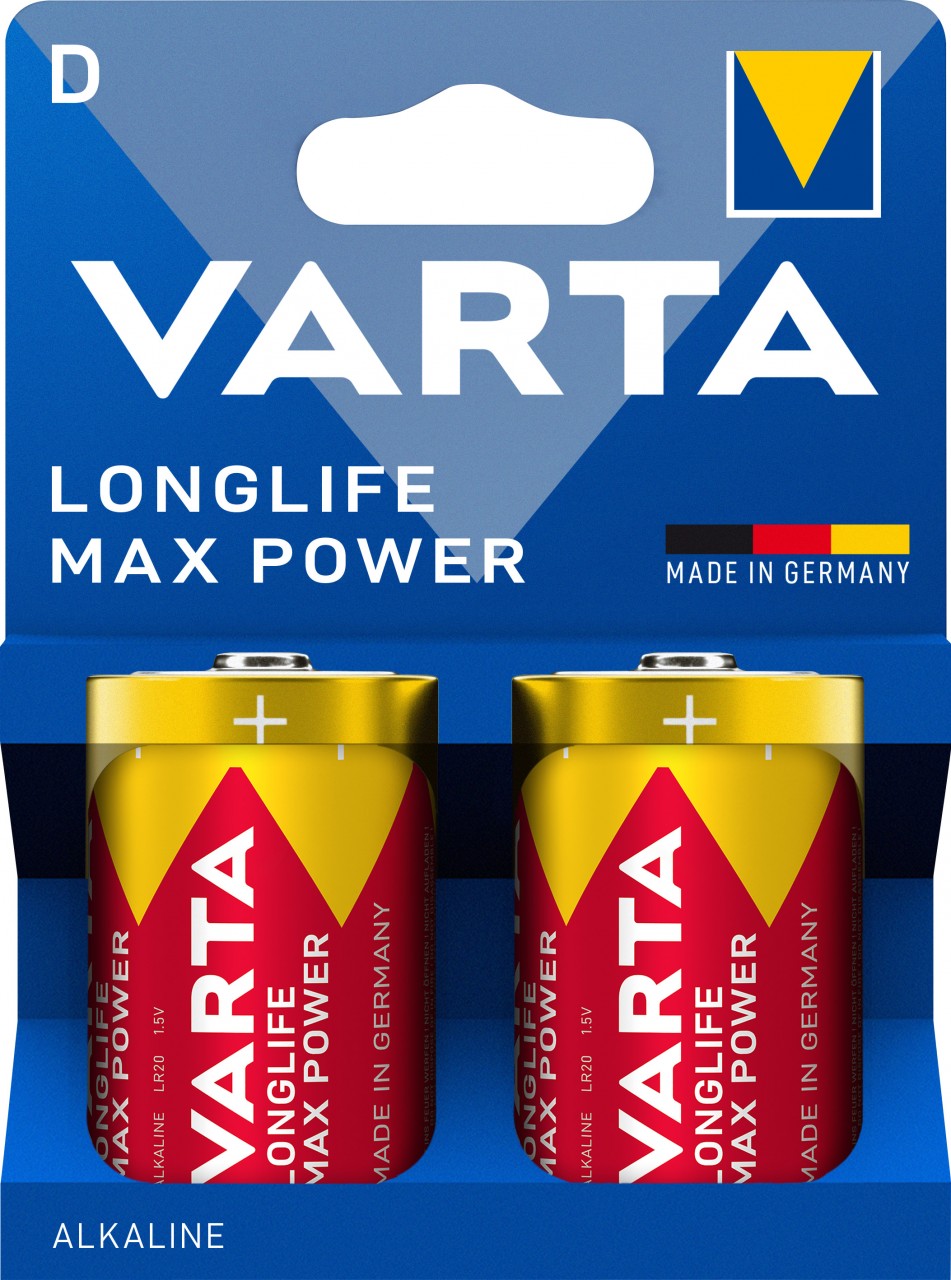 Varta Batterie Alkaline, Mono, D, LR20, 1.5V Longlife Max Power, Retail Blister (2-Pack)