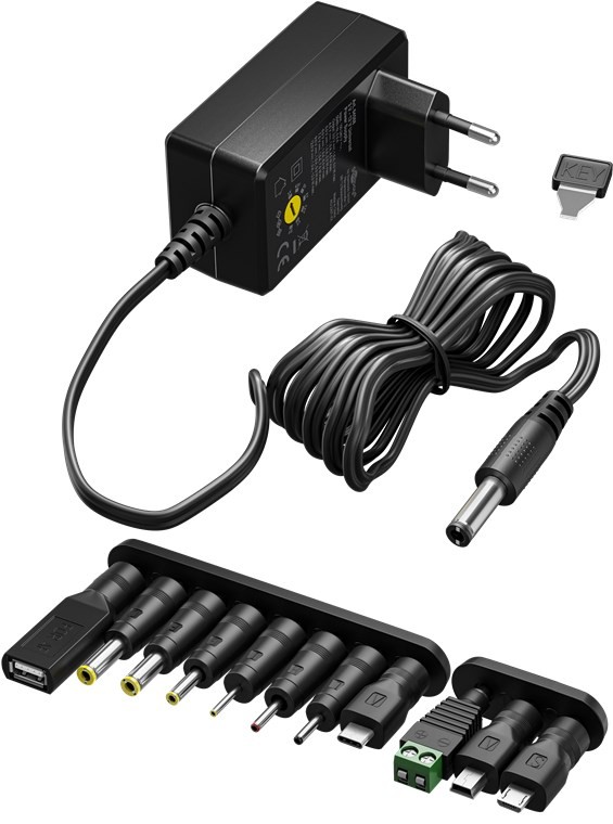 Goobay Universal-Netzteil (3 V - 12 V, max. 7,2 W / 0,6 A) - inkl. 11 Adapter: 7 DC-Adapter plus USB-C™, USB-A, USB Mini-B, Micro-USB und Schraubklemmenanschluss