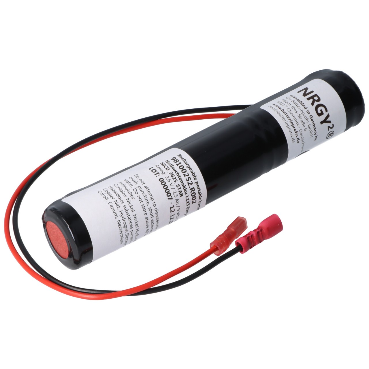 Notleuchtenakku NiCd 3,6V 2500mAh L1x3 Baby C mit 300mm Kabel und Faston-Anschluß +2,8mm / -4,8mm ersetzt Gessler NICD_3625_STAB