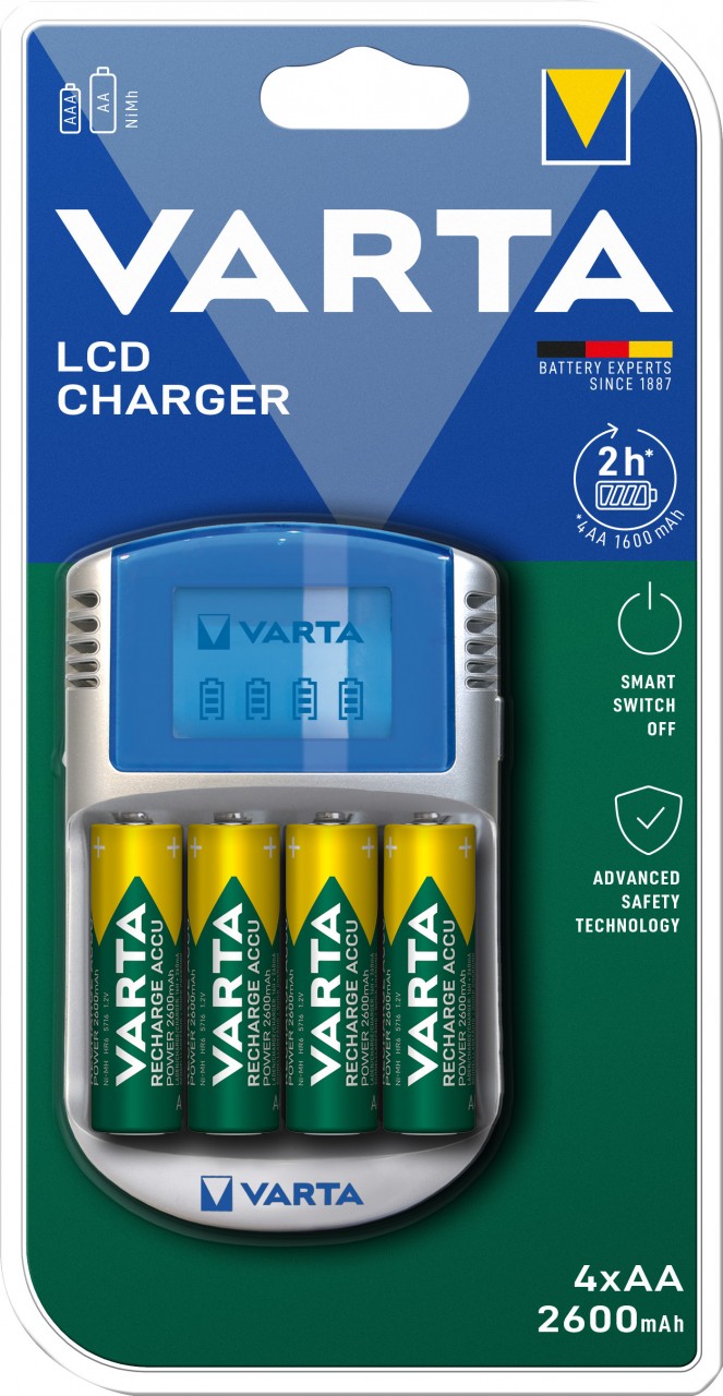 Varta Akku NiMH, Universal Ladegerät, LCD Charger inkl. Akkus, 4x Mignon, AA, 2600mAh, USB