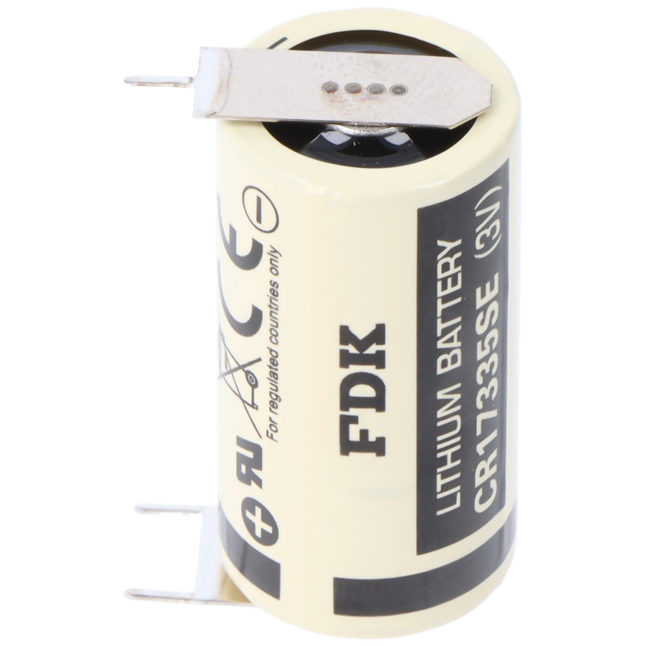 Sanyo Lithium Batterie CR17335 SE Size 2/3A, 3er Print Lötfahnen, 2er Print Plus und 1er Print Minus, Rastermaß 7,6mm