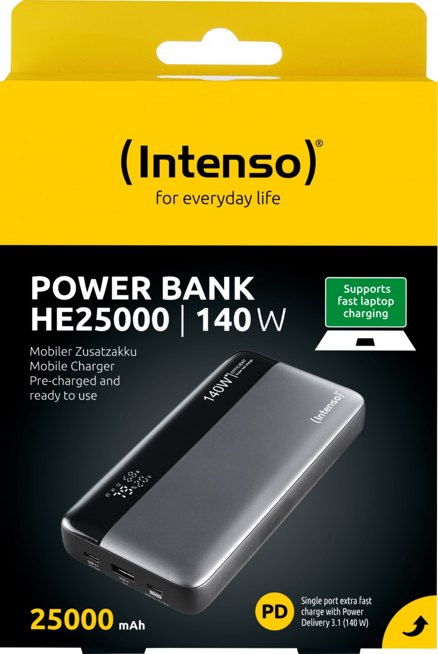 Intenso Akku-Powerbank „HE25000“ – 25.000 mAh, Grau-Schwarz, 140 W, 1× USB-A QC, 2× USB-C PD 3.1