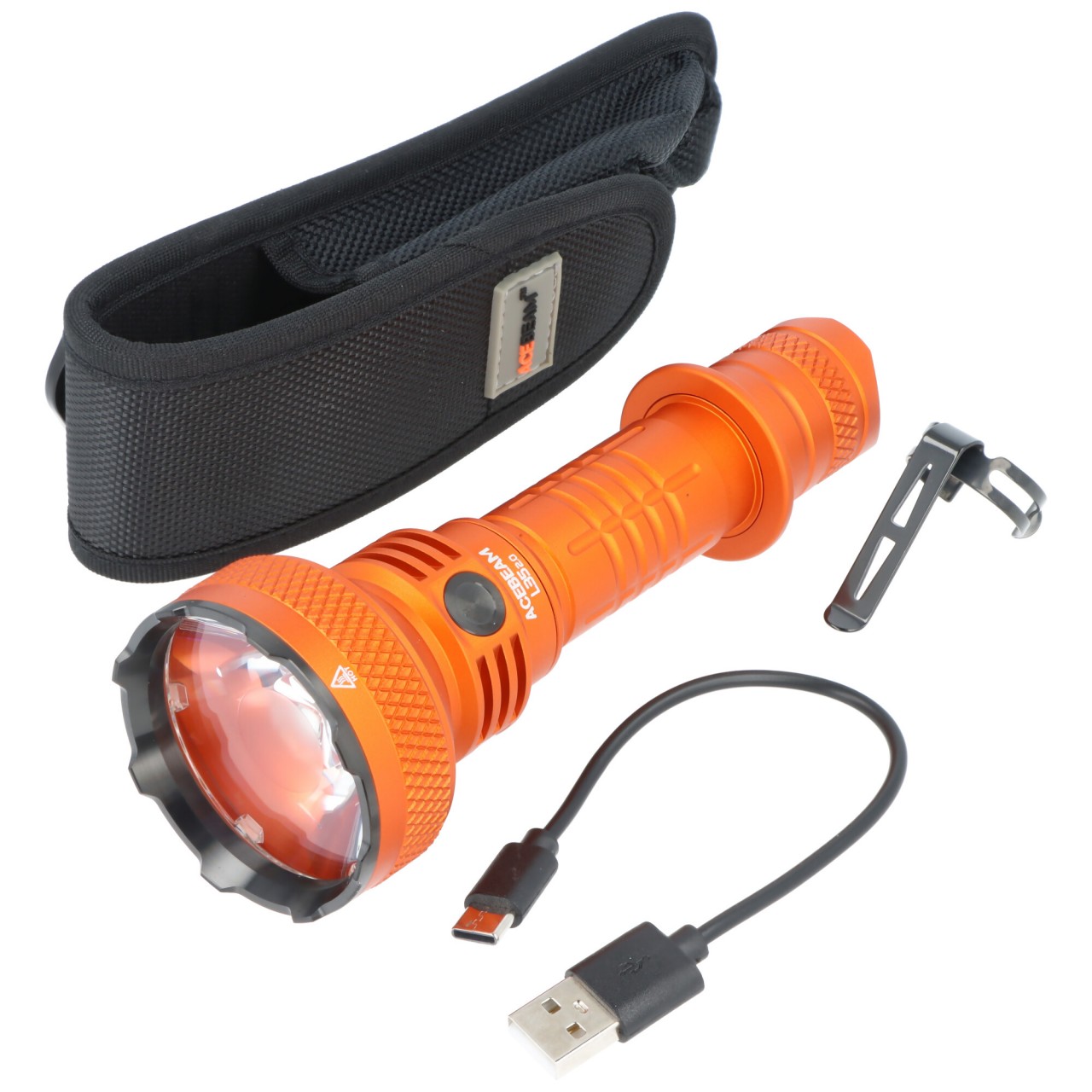 AceBeam L35 2.0 LED-Taschenlampe mit max. 5.000 Lumen und bis zu 650 Meter, orange, ohne Akku, mit Aufbewahrungstasche für Zubehör
