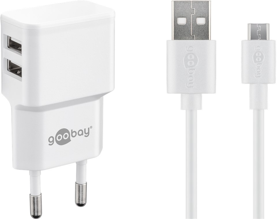 Goobay Micro USB Dual Ladeset 2,4 A - Netzteil mit 2x USB-Buchse und Micro USB Kabel 1m (weiß)