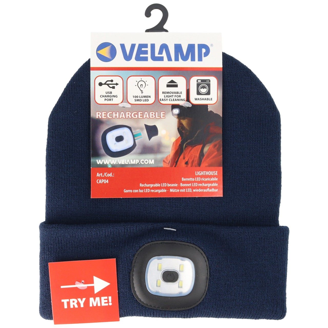 Mütze mit LED-Frontleuchte, Strickmütze mit LED-Licht ideal zum Joggen, Campen, Arbeiten, Spazieren etc., wiederaufladbar per USB und waschbar, dunkelblau