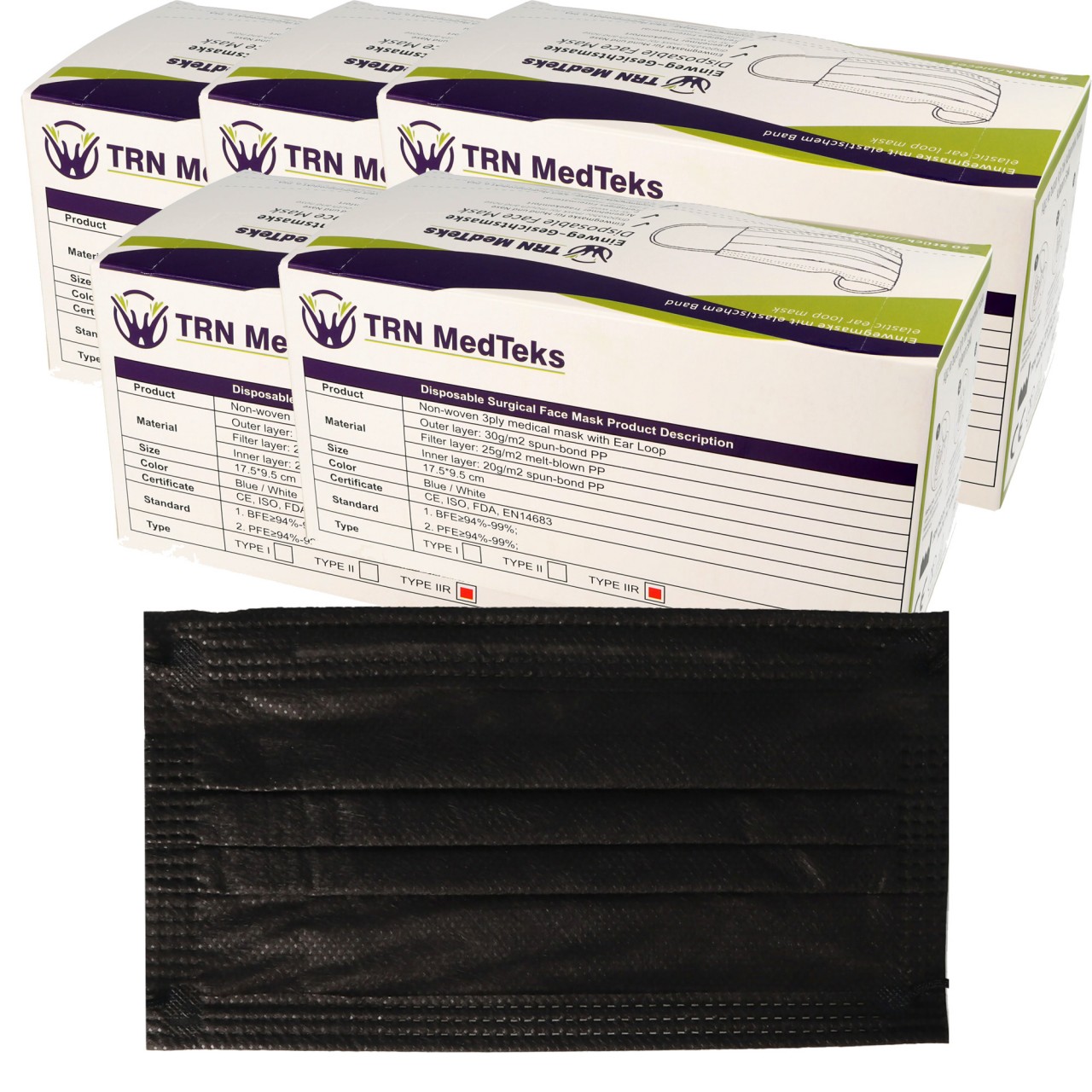 250 Stück medizinische OP-Maske Typ IIR 3-Lagig Schwarz, zertifiziert nach DIN EN 14683:2019+AC:2019(E), OP-Mundschutz
