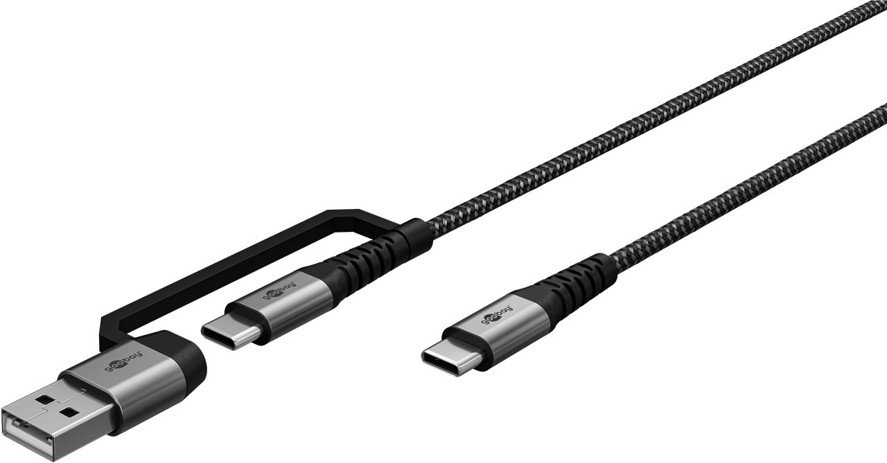 2in1 USB-Textilkabel, robustes USB-C-Ladekabel mit Adapter für USB-A-Geräte, 1 Meter