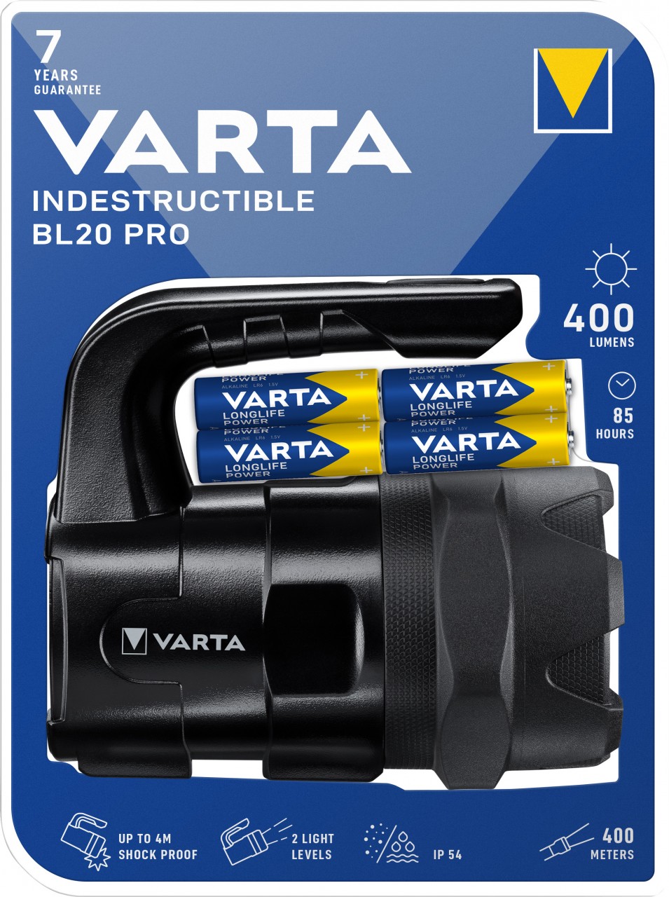 Varta LED Taschenlampe Indestructible, BL20 Pro 400lm, inkl. 6x Batterie Alkaline AA, Retail Blister