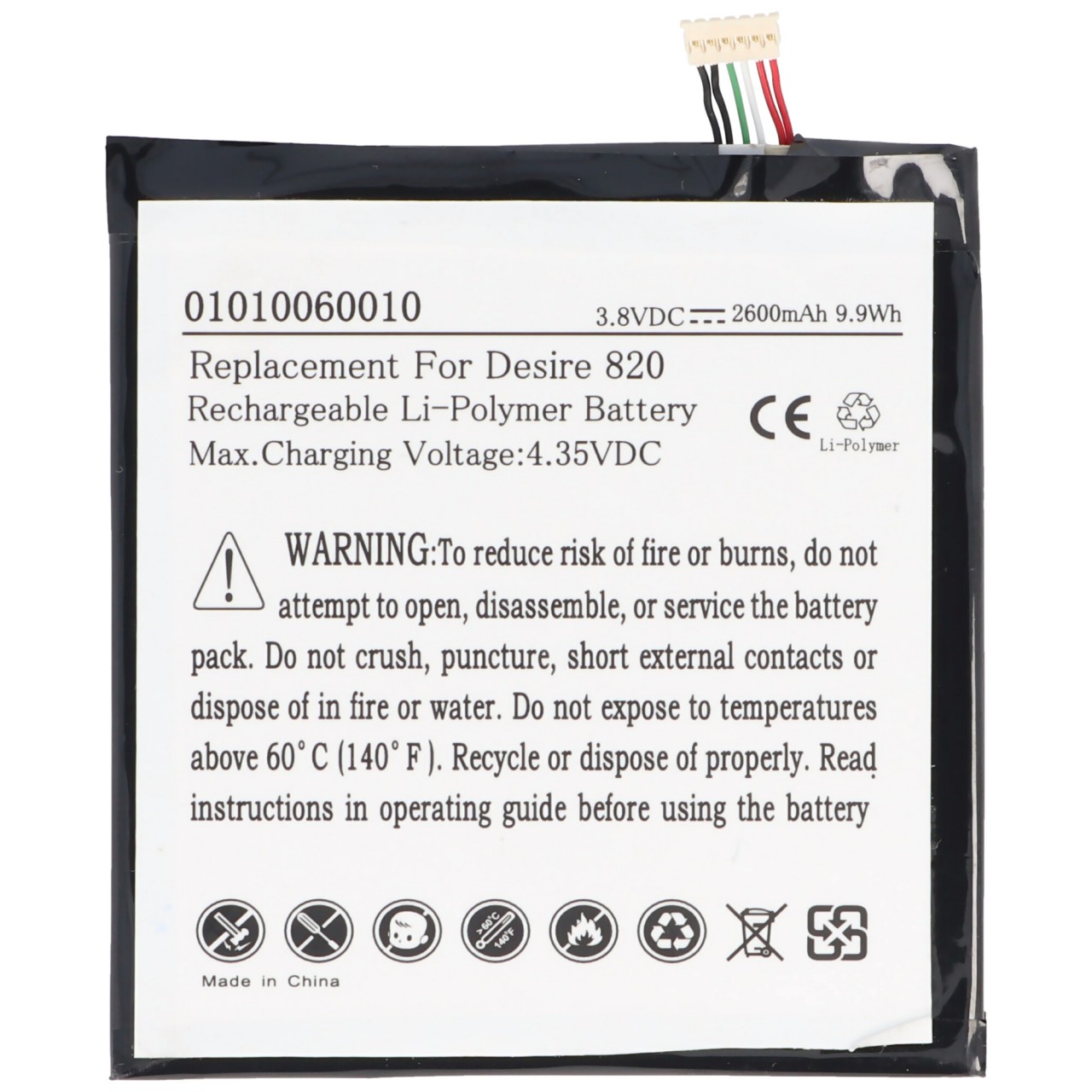 Akku passend für HTC Desire 820, Li-Polymer, 3,8V, 2600mAh, 9,9Wh, built-in, ohne Werkzeug