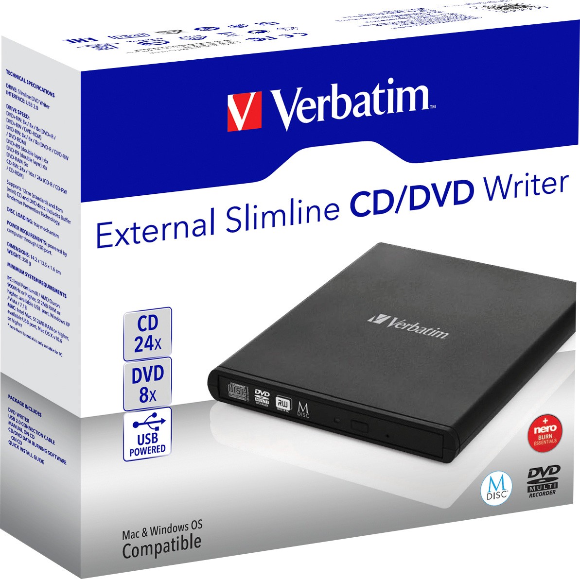 Verbatim DVD Recorder, USB 2.0, 8x/6x/24x, Slimline Portable, schwarz, M-DISC, Software, Retail