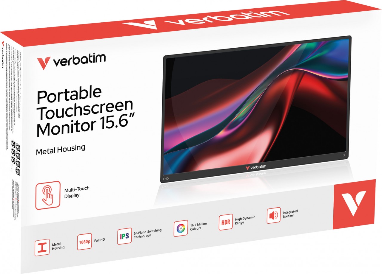 Verbatim Portable Monitor PMT-15, 15.6'' (39.62cm), LCD, Full HD USB A-C, HDMI, IPS, 16:9, Touchscreen, Retail
