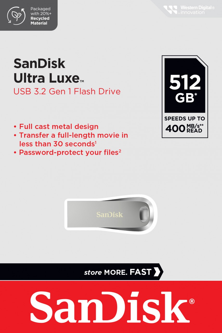 Sandisk USB 3.1 Stick 512GB, Ultra Luxe Typ-A, (R) 150MB/s, SecureAccess, Retail-Blister