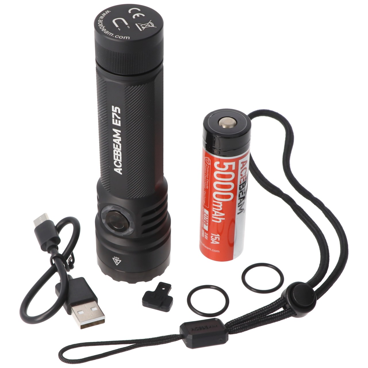 AceBeam E75 Quad Core LED Taschenlampe schwarz, 5.000K, bis zu 3000 Lumen Helligkeit, inklusive 21700 5000mAh Li-Ion Akku