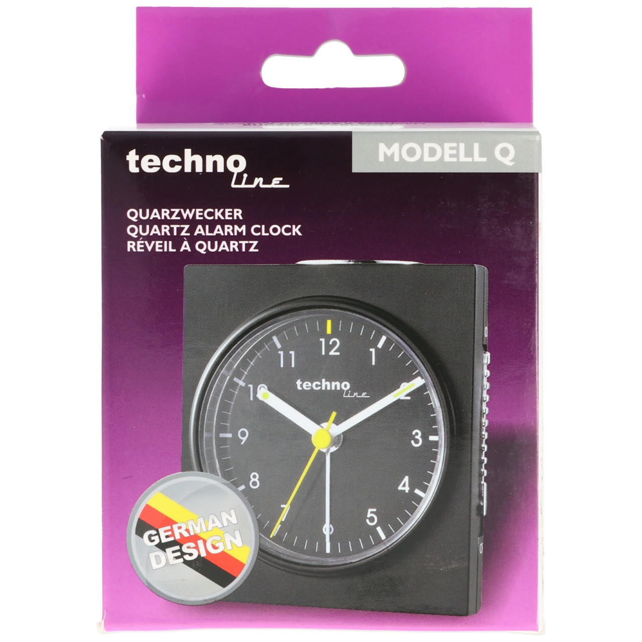 Quarzwecker Modell Q schwarz 76x85x46mm, ohne 1x AA Mignon LR6 Batterie, deutsches Design, German design