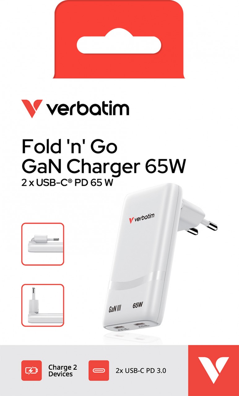 Verbatim Fold 'n’ Go GaN Charger 65W, weiss 2x USB-C PD mit max. 65W, Retail